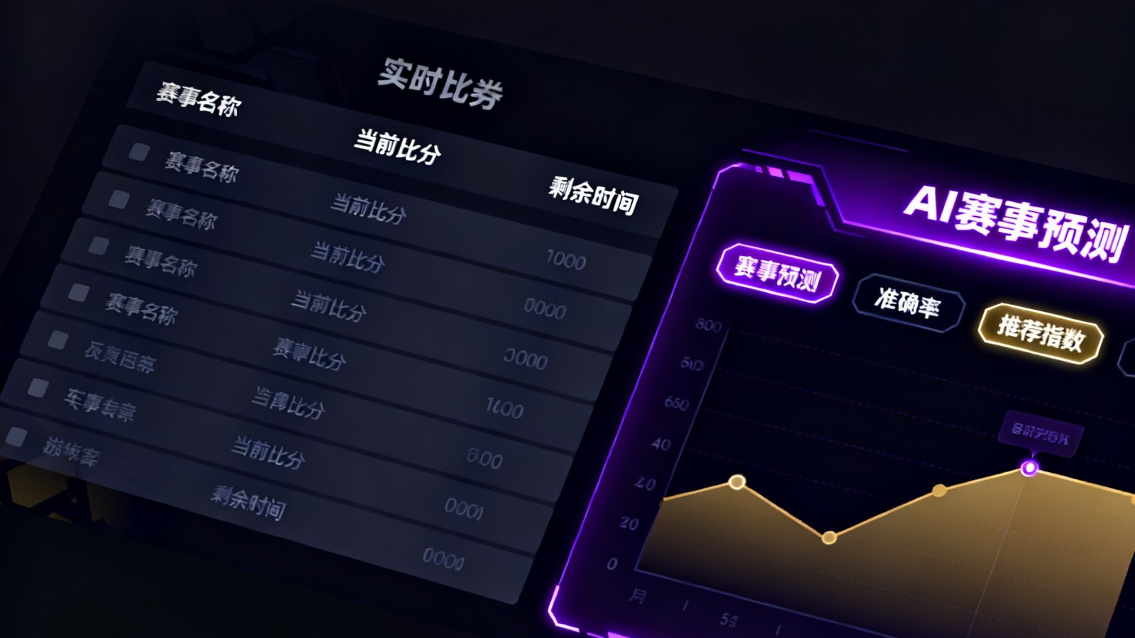 极速电竞比分网3.0版本的全新界面截图，数据面板以深色模式呈现，左侧是实时比分列表，右侧是AI赛事预测模块，图表使用了霓虹紫和金色的配色方案，整体设计简洁而富有科技感。