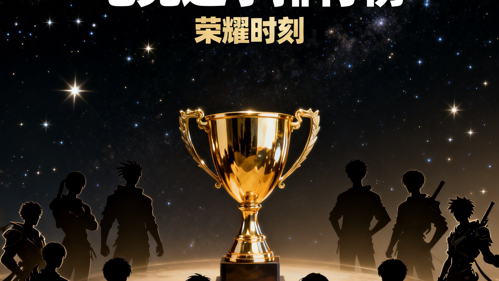 2024年度业余电竞选手排行榜揭晓的视觉图，金色奖杯置于画面中央，周围环绕着十二位上榜选手的游戏内角色剪影，背景是星光璀璨的深色夜空，象征着业余电竞选手的荣耀时刻。
